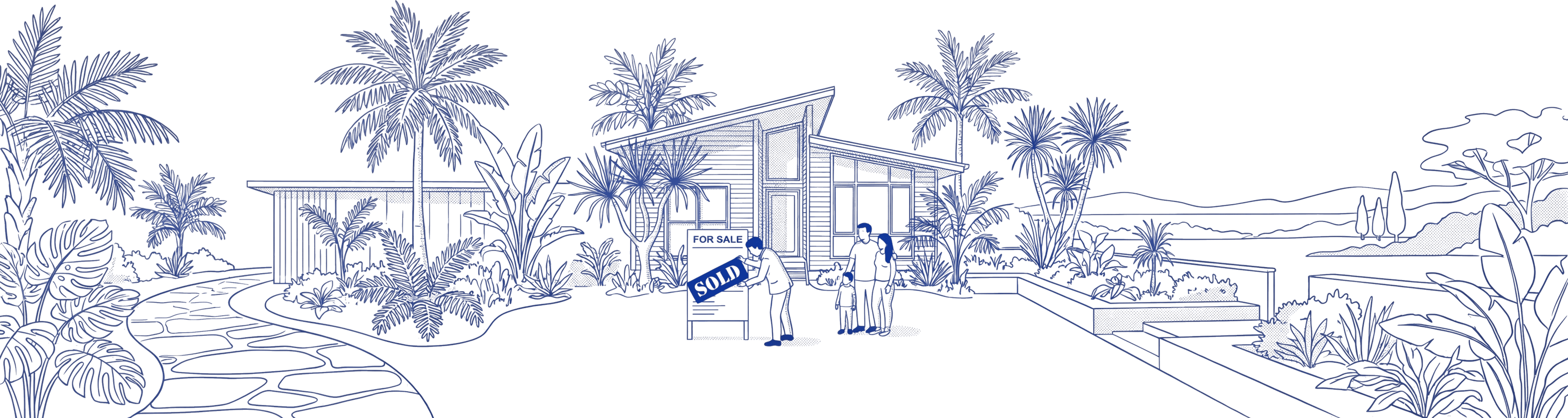 Australian suburban scene with mid-century modern home, palm trees, and SOLD sign